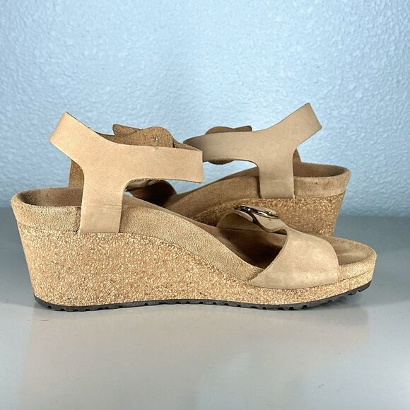 Papillio Birkenstock Sandals Solely Wedge Womens 38 / 7 Slingback Brown Leather - Picture 6 of 10